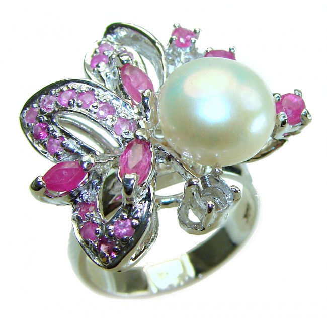 Baroque style natural 15.8 carat Pearls Ruby .925 Sterling Silver handcrafted ring; s. 8