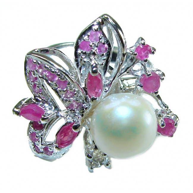 Baroque style natural 15.8 carat Pearls Ruby .925 Sterling Silver handcrafted ring; s. 8