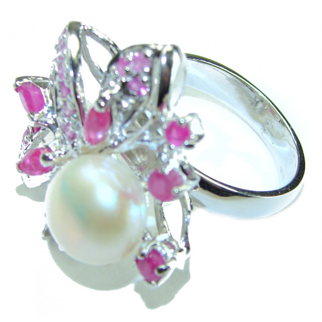 Baroque style natural 15.8 carat Pearls Ruby .925 Sterling Silver handcrafted ring; s. 8