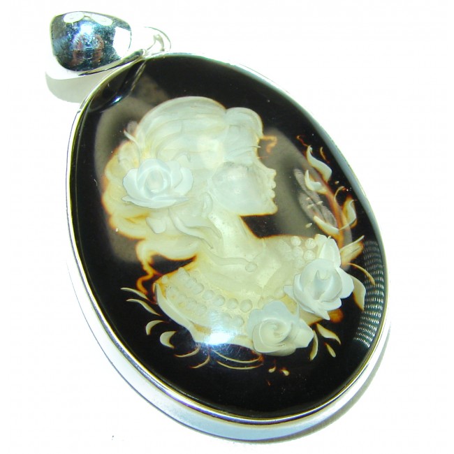 Vintage Design Cameo Baltic Amber .925 Sterling Silver handmade Pendant