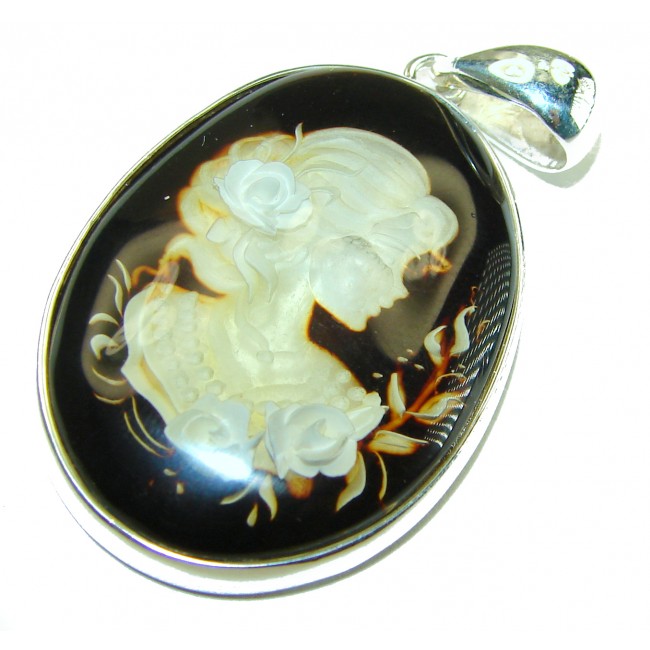 Vintage Design Cameo Baltic Amber .925 Sterling Silver handmade Pendant