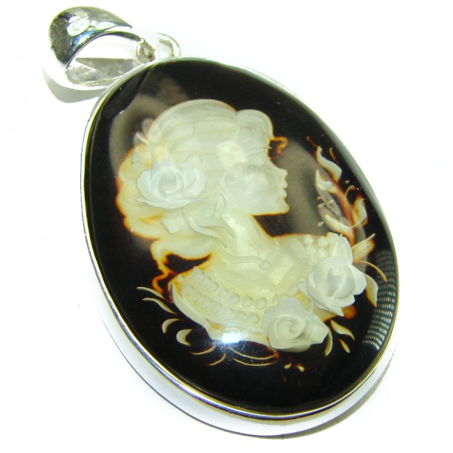 Vintage Design Cameo Baltic Amber .925 Sterling Silver handmade Pendant