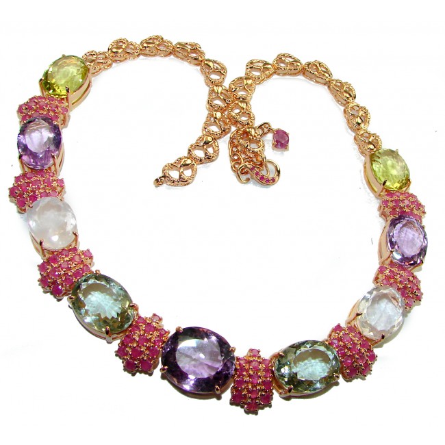 Born In Roma - Italy made 204.5 carat Amethyst Rose Quartz 18k Gold over .925 Sterling Silver handmade necklace