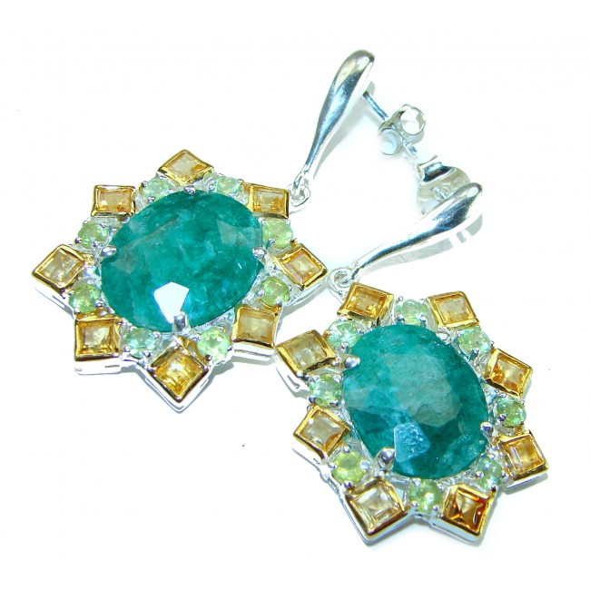 Hidden Treasure 12.1 carat Emerald 2 tones .925 Sterling Silver handcrafted Earrings