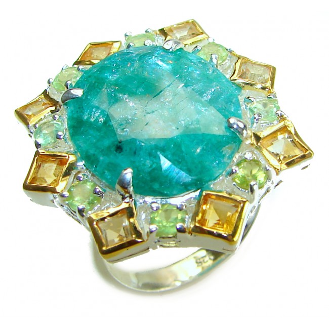 Hidden Treasure 12.1 carat Emerald 2 tones .925 Sterling Silver handcrafted Ring s. 8 1/4