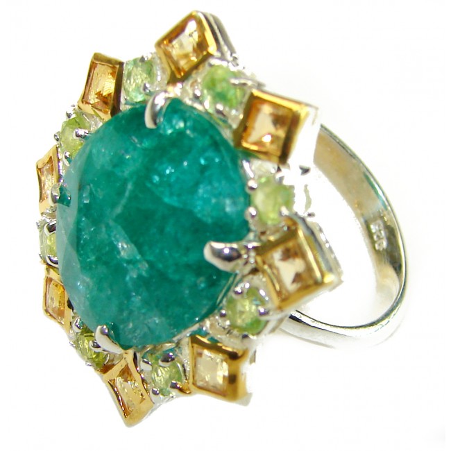 Hidden Treasure 12.1 carat Emerald 2 tones .925 Sterling Silver handcrafted Ring s. 8 1/4