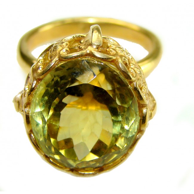 11.8 carat Genuine Lemon Quartz 14K Gold over .925 Sterling Silver handcrafted ring size 6 1/4