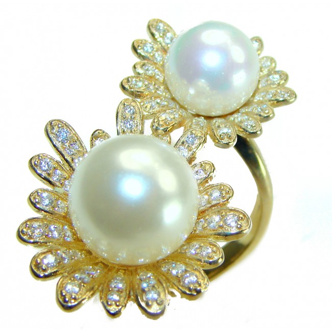 Luxurious 2 Pearls 0.7 carat lab. grown diamonds 18K Gold over .925 Sterling Silver brilliantly handcrafted ring s. 8 1/4