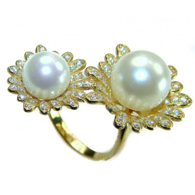 Luxurious 2 Pearls 0.7 carat lab. grown diamonds 18K Gold over .925 Sterling Silver brilliantly handcrafted ring s. 8 1/4