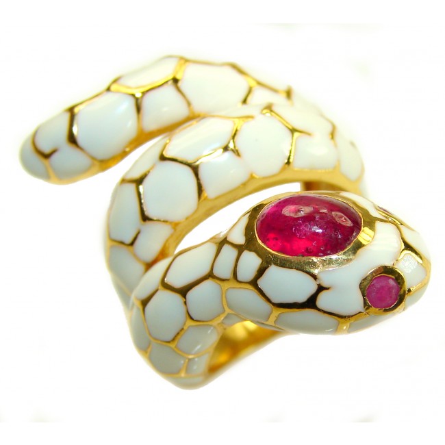 White Snake - supernatural power- Enamel and Ruby 18K Gold over .925 Sterling Silver Huge handcrafted Ring s. 7 1/2