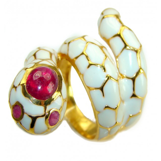 White Snake - supernatural power- Enamel and Ruby 18K Gold over .925 Sterling Silver Huge handcrafted Ring s. 7 1/2