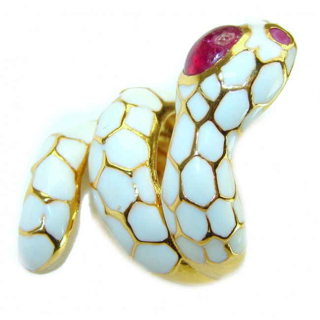 White Snake - supernatural power- Enamel and Ruby 18K Gold over .925 Sterling Silver Huge handcrafted Ring s. 7 1/2