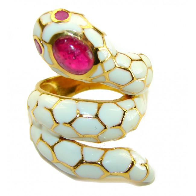 White Snake - supernatural power- Enamel and Ruby 18K Gold over .925 Sterling Silver Huge handcrafted Ring s. 7 1/2