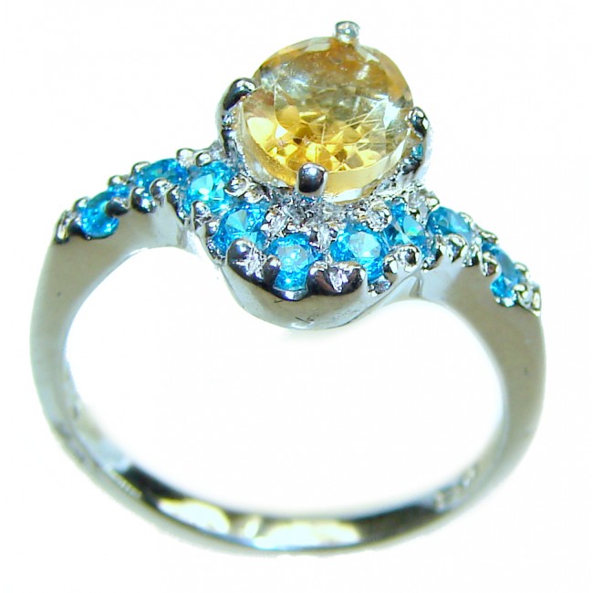 Unique Authentic 1.3 carat Citrine Swiss Blue Topaz .925 Sterling Silver handmade Cocktail Ring s. 5 1/4