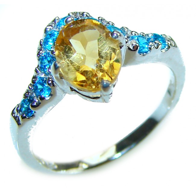 Unique Authentic 1.3 carat Citrine Swiss Blue Topaz .925 Sterling Silver handmade Cocktail Ring s. 5 1/4