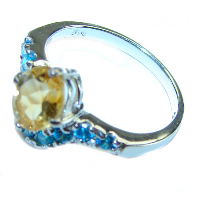 Unique Authentic 1.3 carat Citrine Swiss Blue Topaz .925 Sterling Silver handmade Cocktail Ring s. 5 1/4