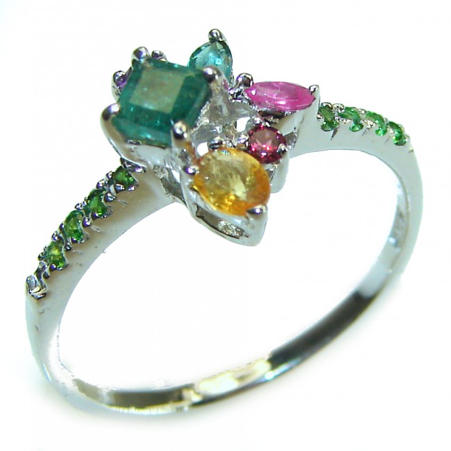 Authentic 2.3 carat Ruby Emerald Sapphire .925 Sterling Silver handmade Cocktail Ring s. 9 1/4