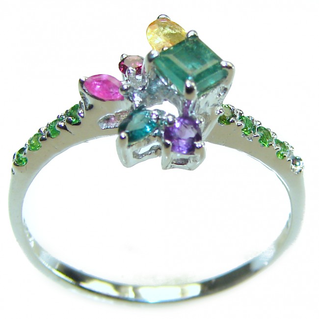 Authentic 2.3 carat Ruby Emerald Sapphire .925 Sterling Silver handmade Cocktail Ring s. 9 1/4