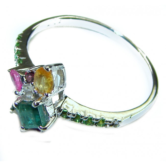 Authentic 2.3 carat Ruby Emerald Sapphire .925 Sterling Silver handmade Cocktail Ring s. 9 1/4