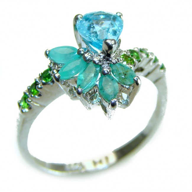 Wild Ocean 0.7 carat pear cut Blue Swiss Topaz Emerald .925 Sterling Silver handcrafted Ring size 7 3/4