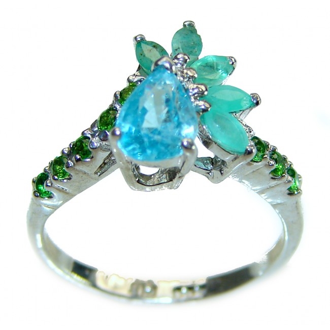 Wild Ocean 0.7 carat pear cut Blue Swiss Topaz Emerald .925 Sterling Silver handcrafted Ring size 7 3/4