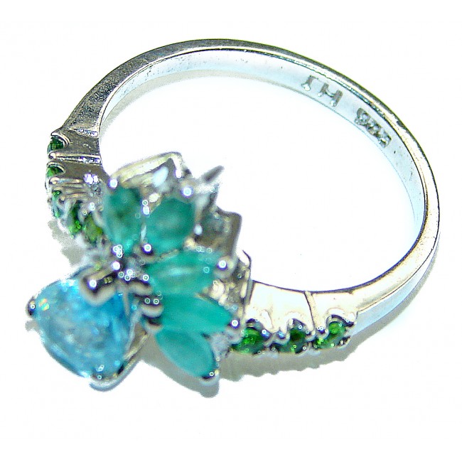 Wild Ocean 0.7 carat pear cut Blue Swiss Topaz Emerald .925 Sterling Silver handcrafted Ring size 7 3/4