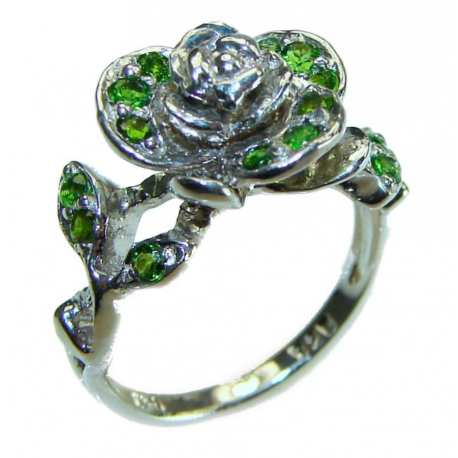 Green Rose Authentic 2.2 carat Emerald .925 Sterling Silver handmade Cocktail Ring s. 5 1/2