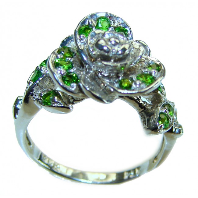 Green Rose Authentic 2.2 carat Emerald .925 Sterling Silver handmade Cocktail Ring s. 5 1/2