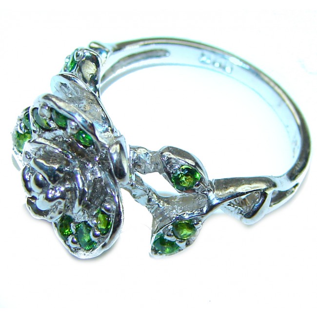 Green Rose Authentic 2.2 carat Emerald .925 Sterling Silver handmade Cocktail Ring s. 5 1/2