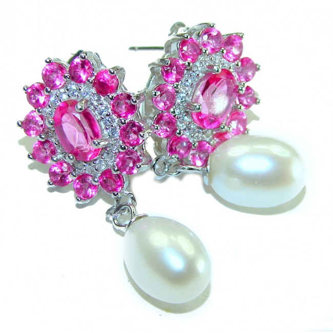 A Spark of Sweetness 5.8 carat Hot Pink Sapphire Pearl .925 Sterling Silver handcrafted earrings