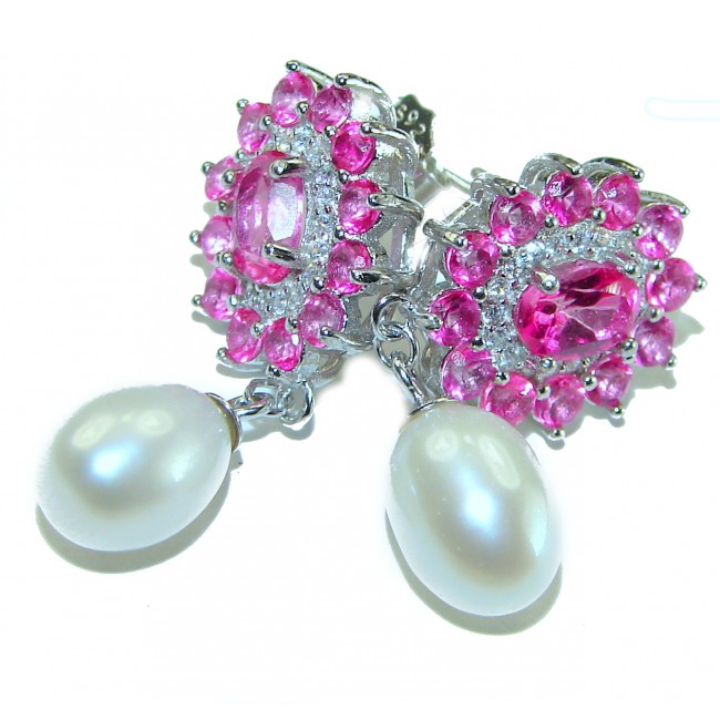 A Spark of Sweetness 5.8 carat Hot Pink Sapphire Pearl .925 Sterling Silver handcrafted earrings