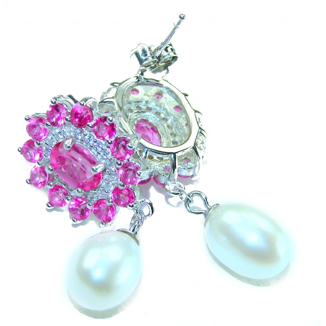 A Spark of Sweetness 5.8 carat Hot Pink Sapphire Pearl .925 Sterling Silver handcrafted earrings