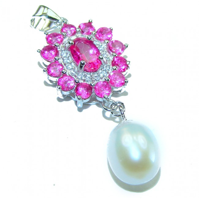 A Spark of Sweetness 4.8 carat Hot Pink Sapphire Pearl .925 Sterling Silver handcrafted Pendant