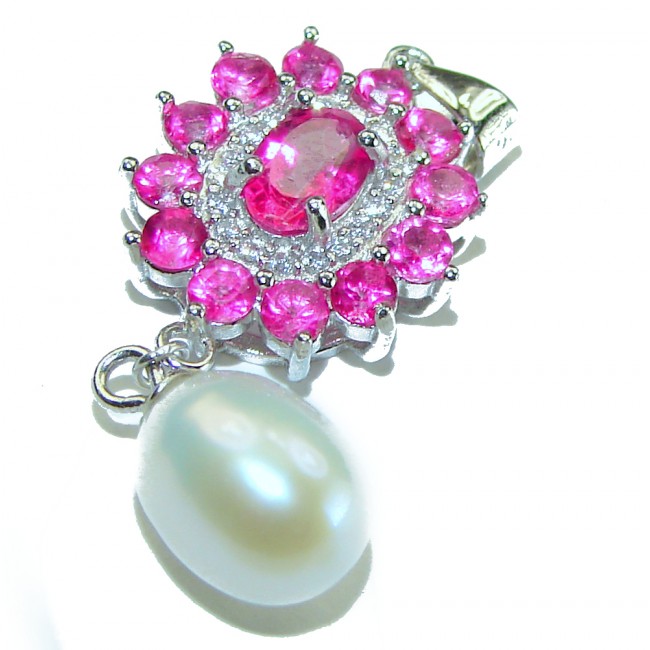 A Spark of Sweetness 4.8 carat Hot Pink Sapphire Pearl .925 Sterling Silver handcrafted Pendant