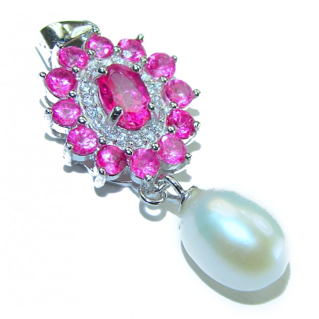 A Spark of Sweetness 4.8 carat Hot Pink Sapphire Pearl .925 Sterling Silver handcrafted Pendant