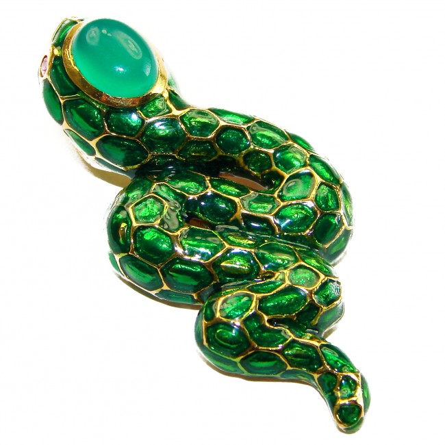 INCREDIBLE Natural Jade Enamel Snake 14K Gold over .925 Sterling Silver brilliantly handcrafted Pendant