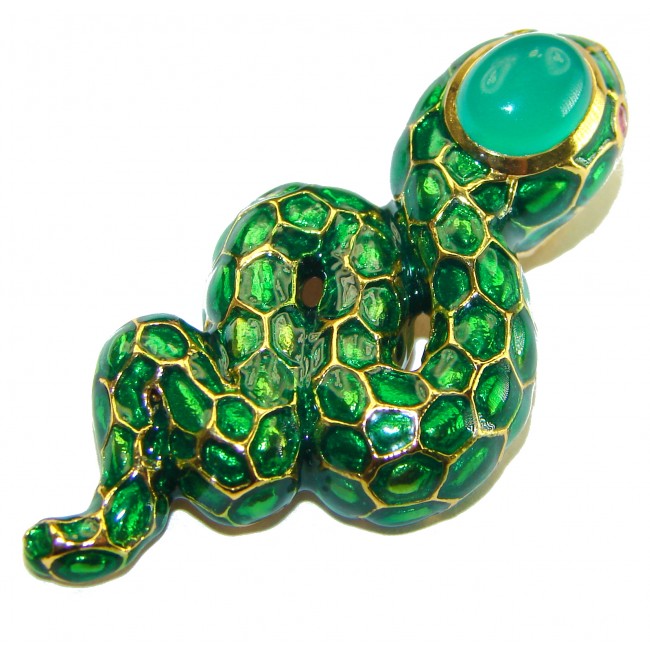 INCREDIBLE Natural Jade Enamel Snake 14K Gold over .925 Sterling Silver brilliantly handcrafted Pendant