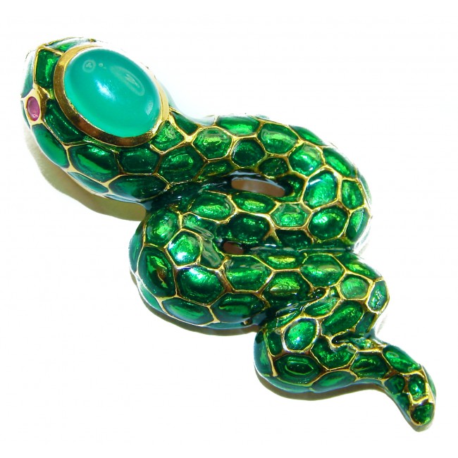 INCREDIBLE Natural Jade Enamel Snake 14K Gold over .925 Sterling Silver brilliantly handcrafted Pendant