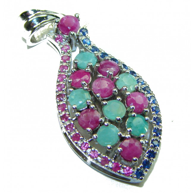 Precious Genuine 10.5 carat Emerald Ruby Sapphire .925 Sterling Silver handmade Pendant