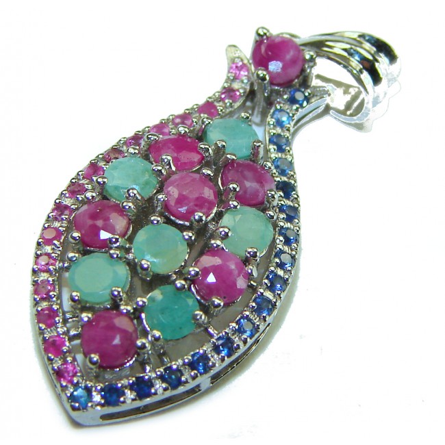 Precious Genuine 10.5 carat Emerald Ruby Sapphire .925 Sterling Silver handmade Pendant