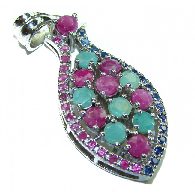 Precious Genuine 10.5 carat Emerald Ruby Sapphire .925 Sterling Silver handmade Pendant