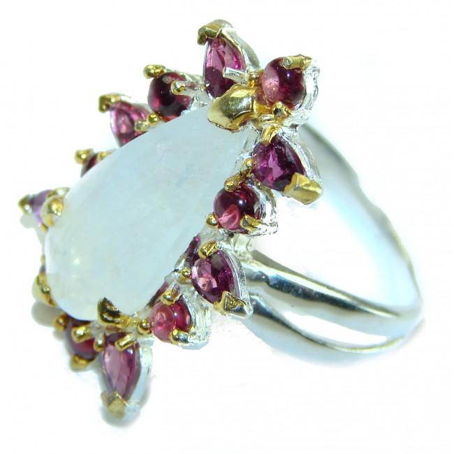 Moonlight Authentic 10.2 carat Fire Moonstone 2 tones .925 Sterling Silver handmade Large Ring size 10