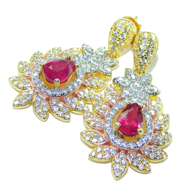 Bella Rosa authentic 3.2 carat Ruby White Sapphire 18K Gold over .925 Sterling Silver handcrafted Statement earrings