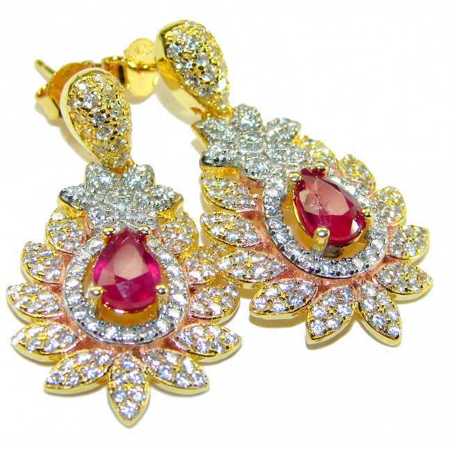 Bella Rosa authentic 3.2 carat Ruby White Sapphire 18K Gold over .925 Sterling Silver handcrafted Statement earrings