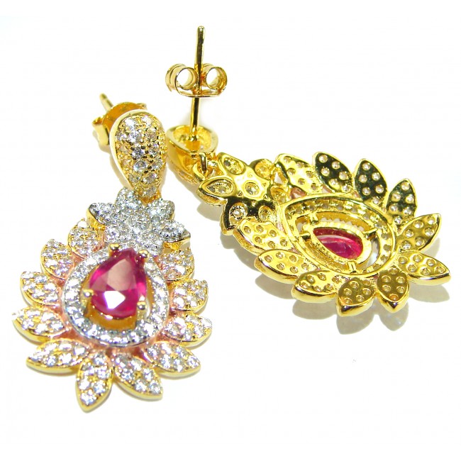 Bella Rosa authentic 3.2 carat Ruby White Sapphire 18K Gold over .925 Sterling Silver handcrafted Statement earrings