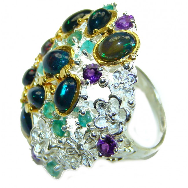 Mysterious Galaxy Genuine 19.9 carat Black Opal 18K Gold over .925 Sterling Silver handmade Ring size 7