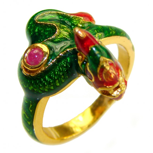 Green Snake Ruby Enamel 18K Gold over .925 Sterling Silver handcrafted Ring s. 6 3/4