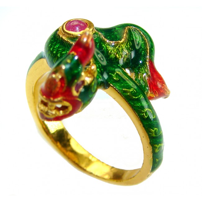 Green Snake Ruby Enamel 18K Gold over .925 Sterling Silver handcrafted Ring s. 6 3/4