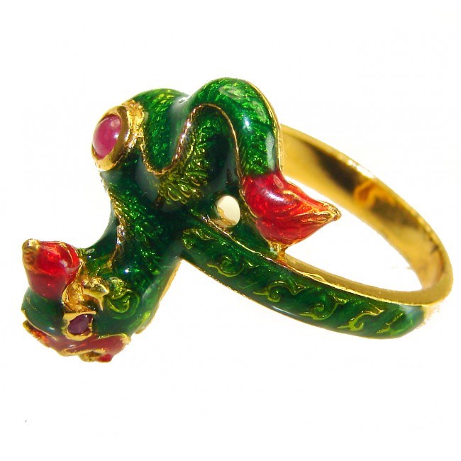 Green Snake Ruby Enamel 18K Gold over .925 Sterling Silver handcrafted Ring s. 6 3/4