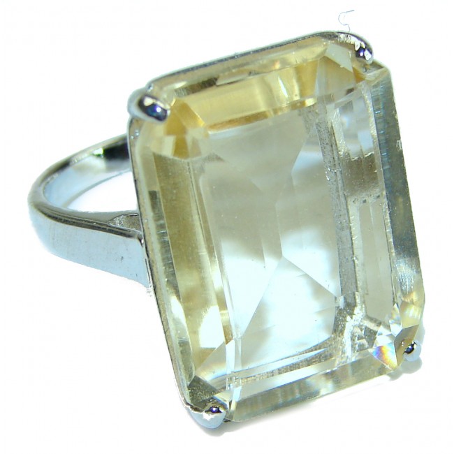 17.8 carat Genuine emerald cut Lemon Quartz .925 Sterling Silver handcrafted ring size 9